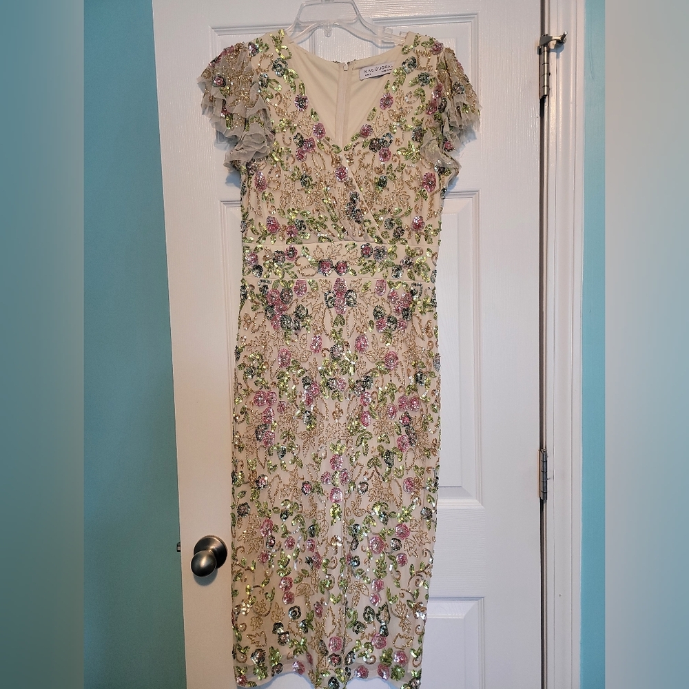Mac Duggal Pink and Yellow  Flutter Sleeve Sundress